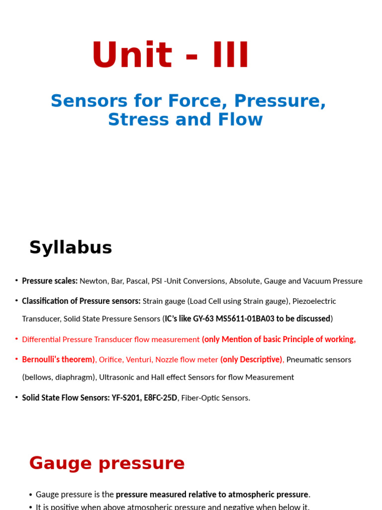 Unit 3 Sensors for Force, Pressure, Stress and Flowv | PDF | Pressure ...
