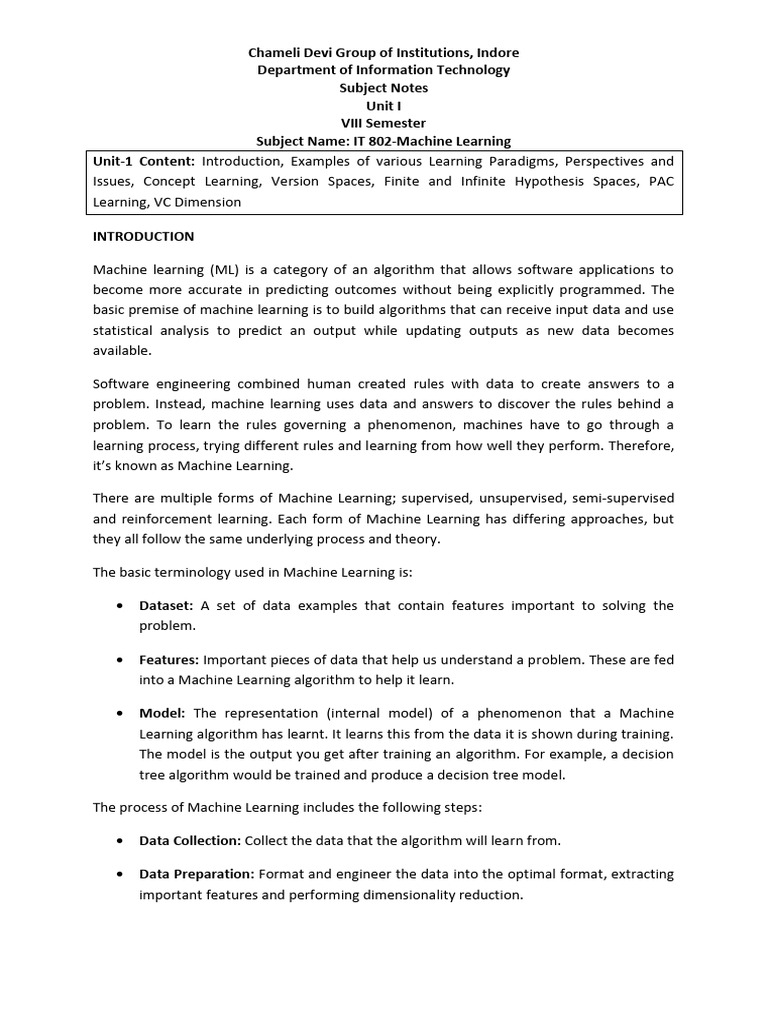 Machine Learning Unit 1 Overview | PDF | Machine Learning | Cognitive ...