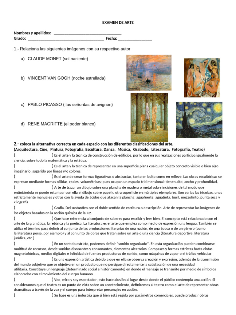 Examen de Arte y cultura 4to y 5to secundaria | PDF | Dibujo ...