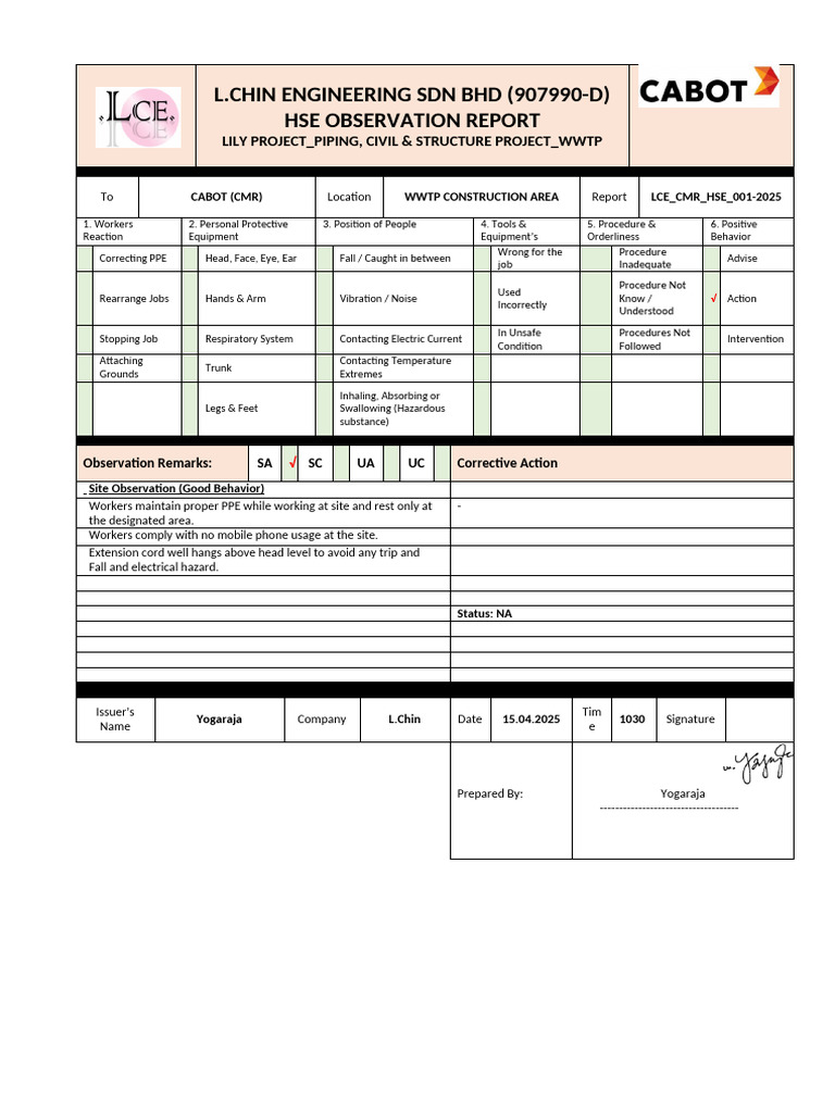 HSE Observation Report for WWTP Project | PDF | Personal Protective ...