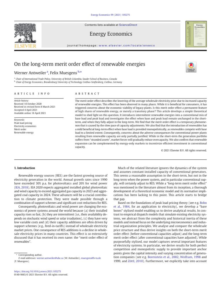 Long-Term Merit Order Effect of Renewables | PDF | Wind Power | Economics