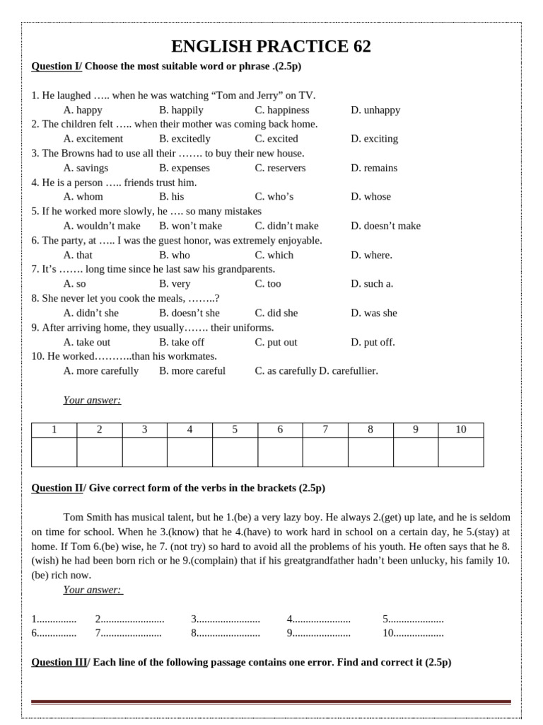 English Practice Test with Answers | PDF | Trousers | Jeans