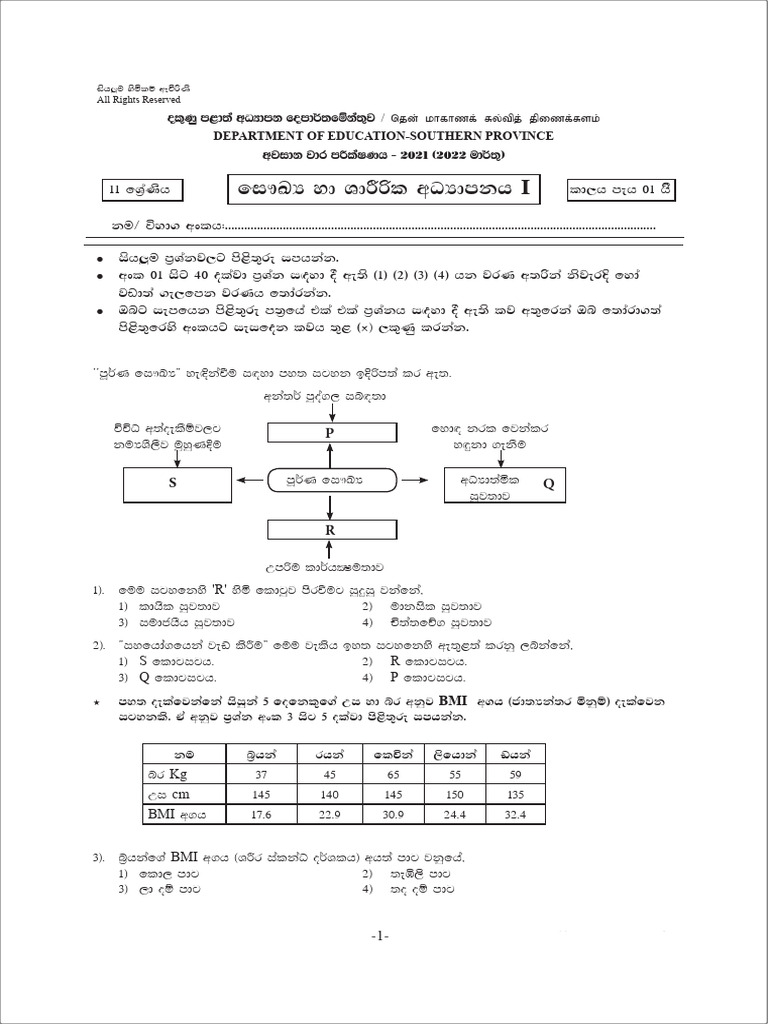 2021 Grade 11 Health 3rd Term Test Paper Southern Province | PDF
