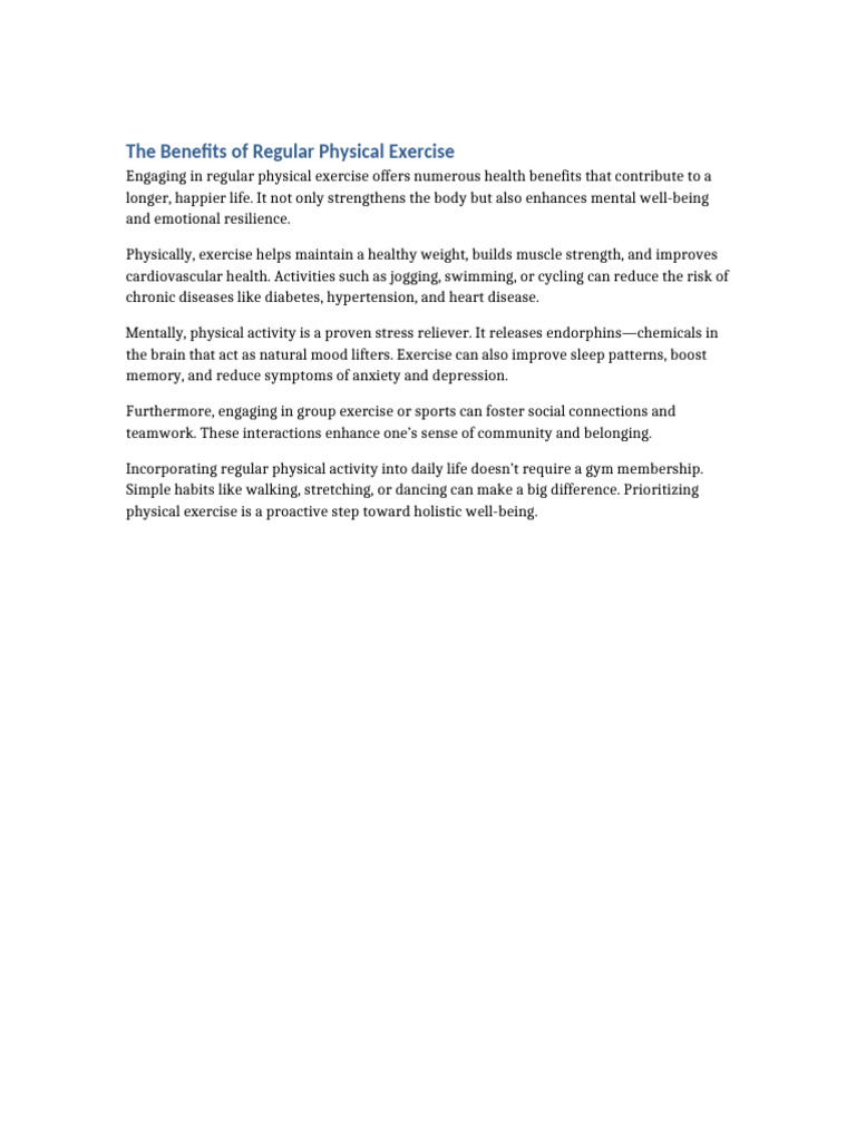 Benefits of Regular Physical Exercise | PDF