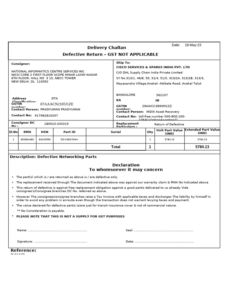 Defective Return Delivery Challan | PDF | Payments | Taxes