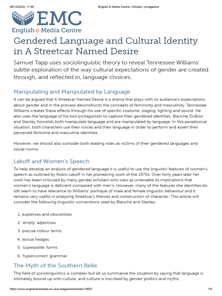 Gendered Language in A Streetcar Named Desire | PDF | Gender | Gender ...