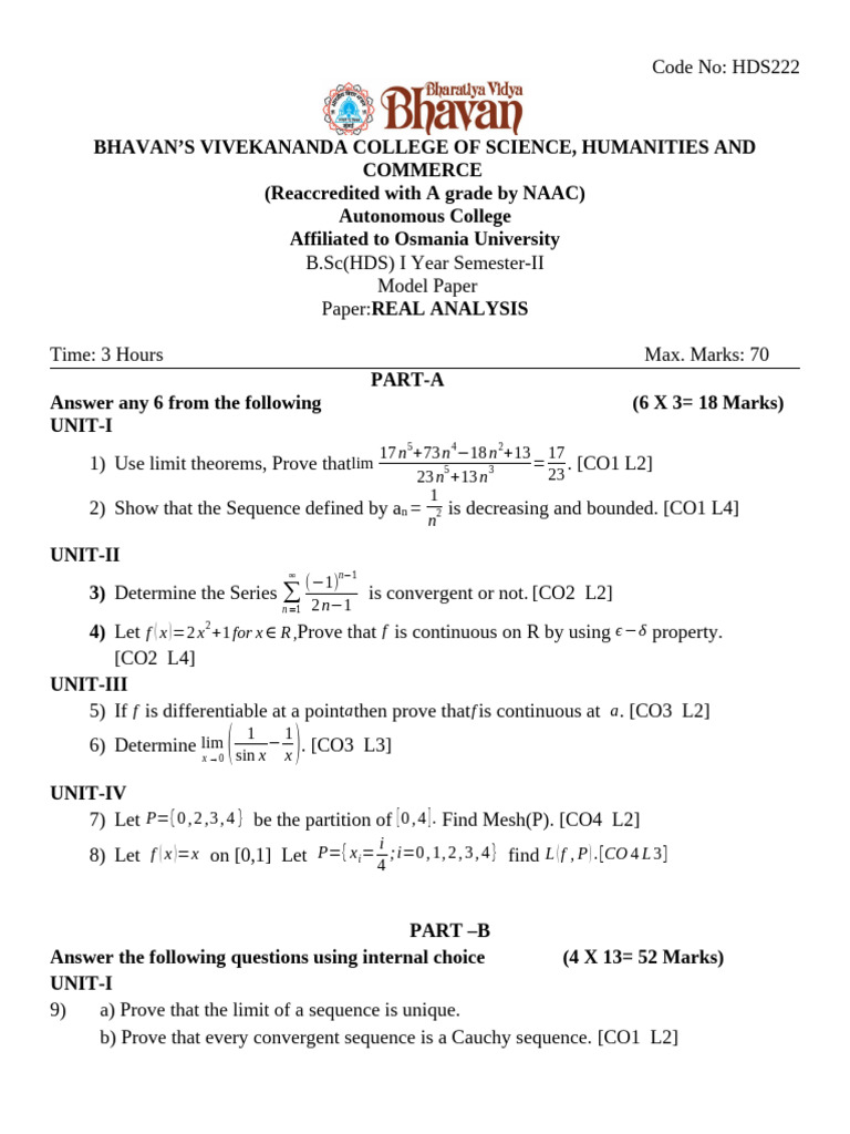 HDS 1 Real Analysis SEM II Model Paper 2025 | PDF | Real Analysis ...