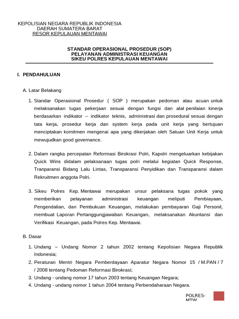 SOP Pelayanan Administrasi Sikeu Polres | PDF