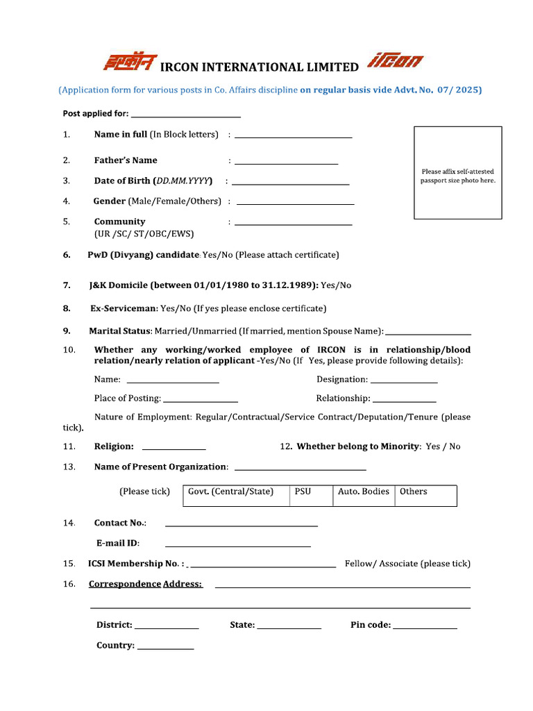 Application Form Ircon Manager Assistant Manager 2025 Job Notification ...