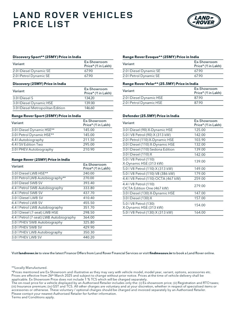 Land Rover India Price List 2025 | PDF | Automotive Technologies | Off ...