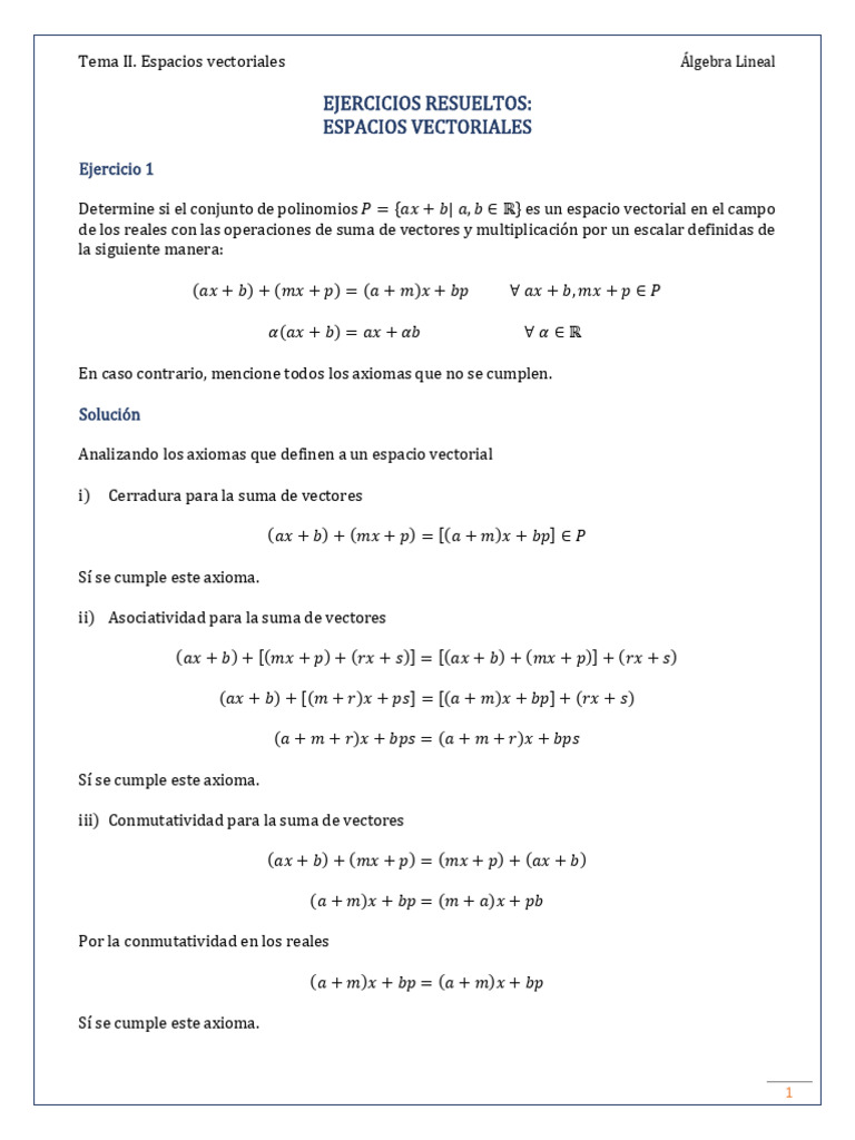 Ejercicios Resueltos de Espacios Vectoriales | PDF | Espacio vectorial ...