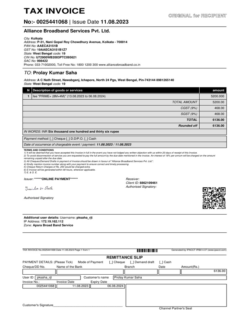Invoice 0025441068 - 6136 INR Due | PDF | Payments | Cheque