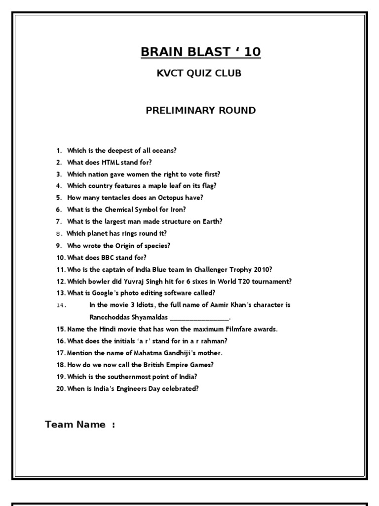 KVCT Quiz Club: Brain Blast Round 10 | PDF