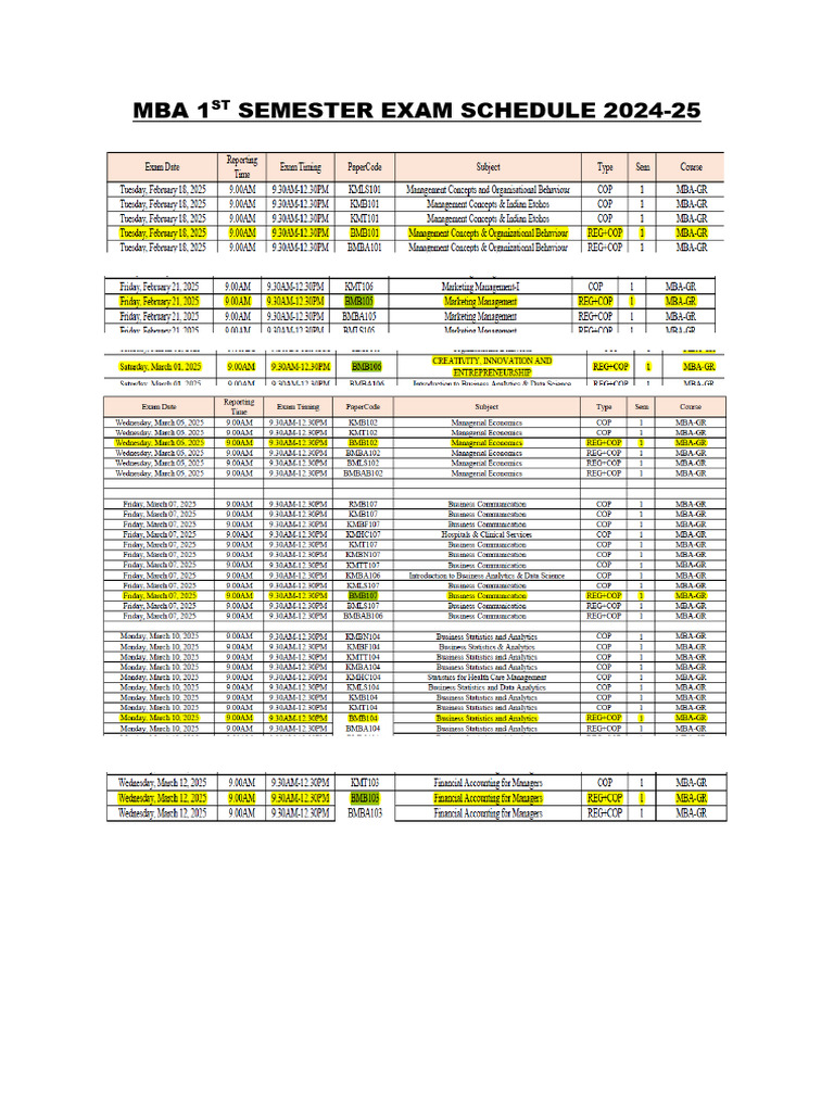 Mba 1ST Semester Exam Schedule 2024 | PDF