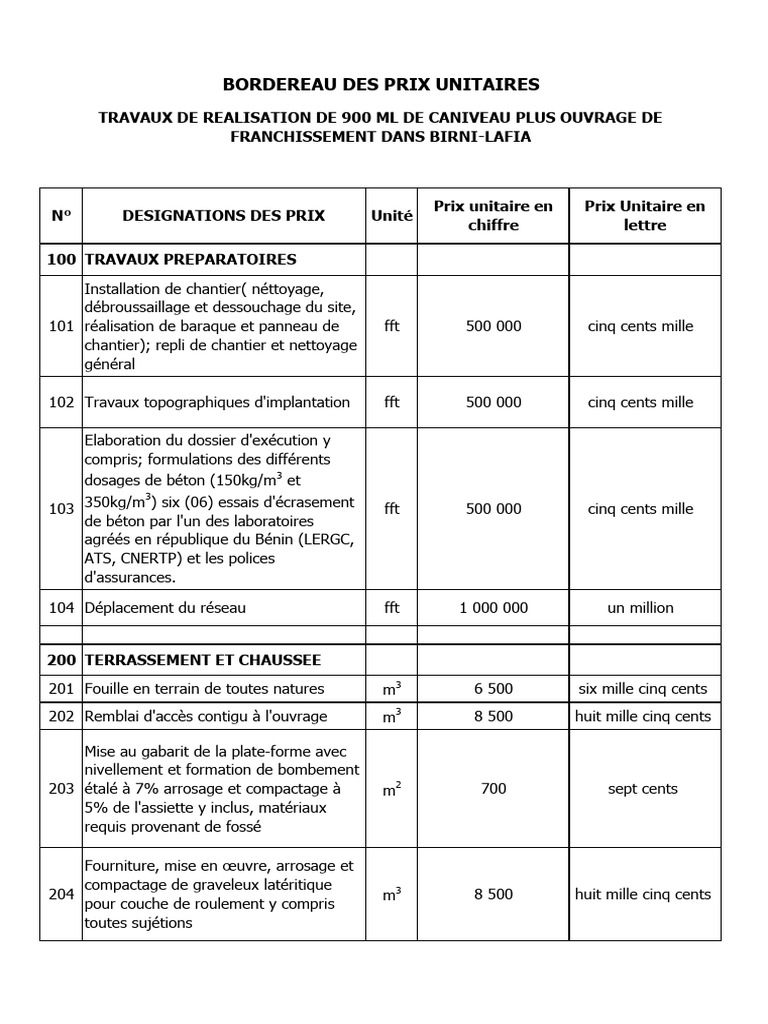 Bordereau des prix unitaires des travaux | PDF