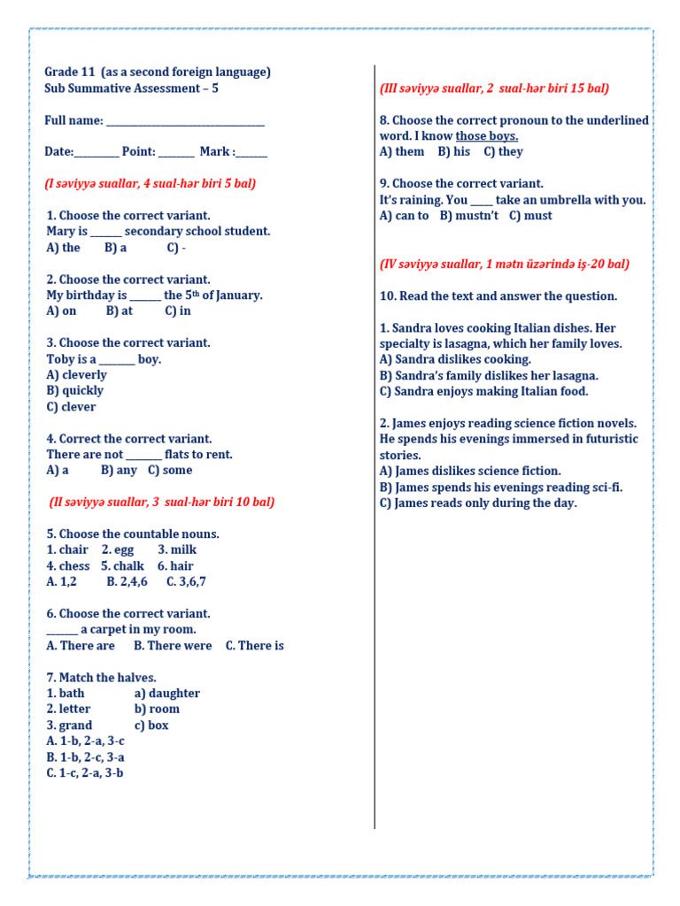 Grade 11 Sub Summative Assessment | PDF