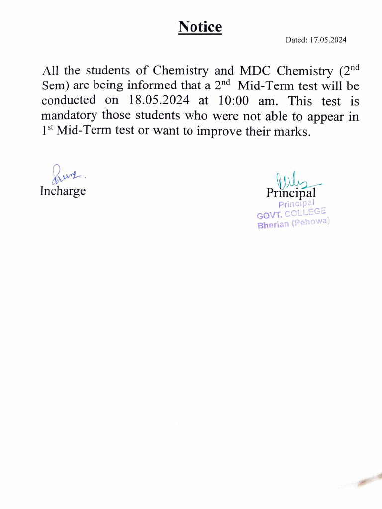 2nd Mid-Term Test Notice for Chemistry Students | PDF