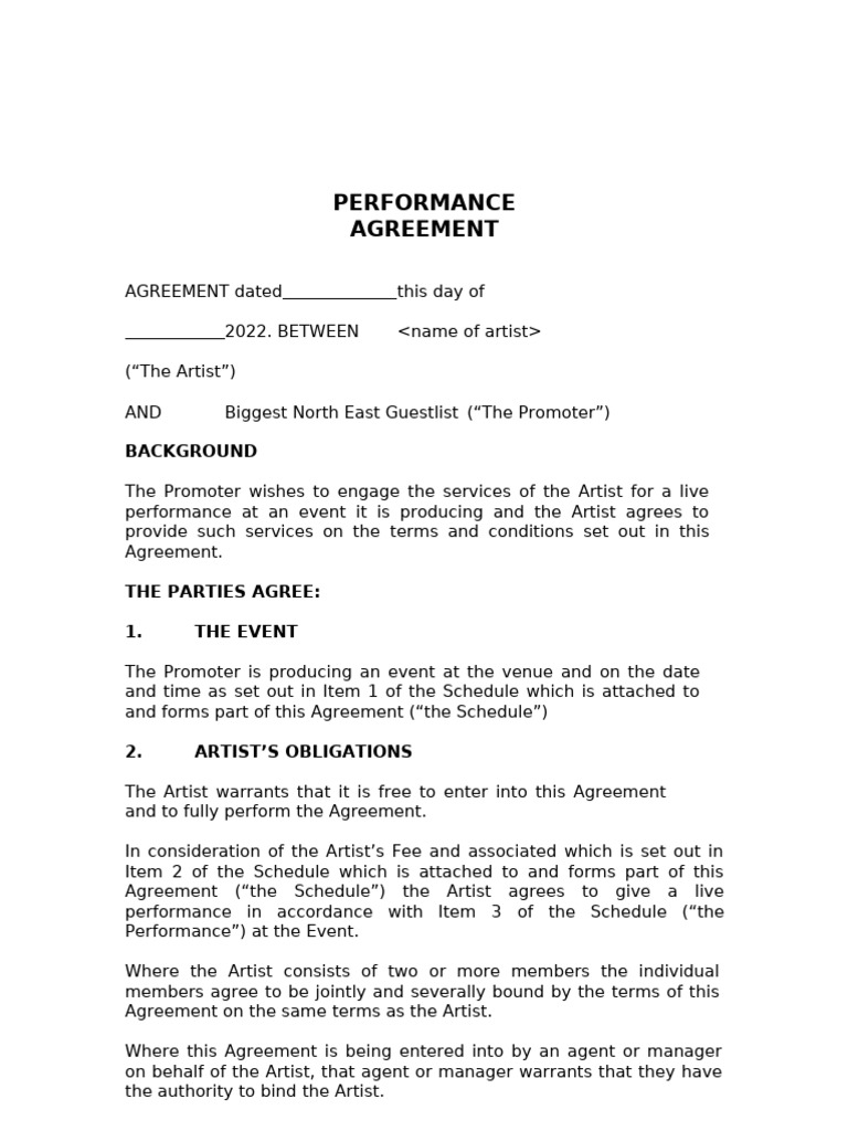 Artist Performance Agreement Details | PDF | Indemnity | Private Law