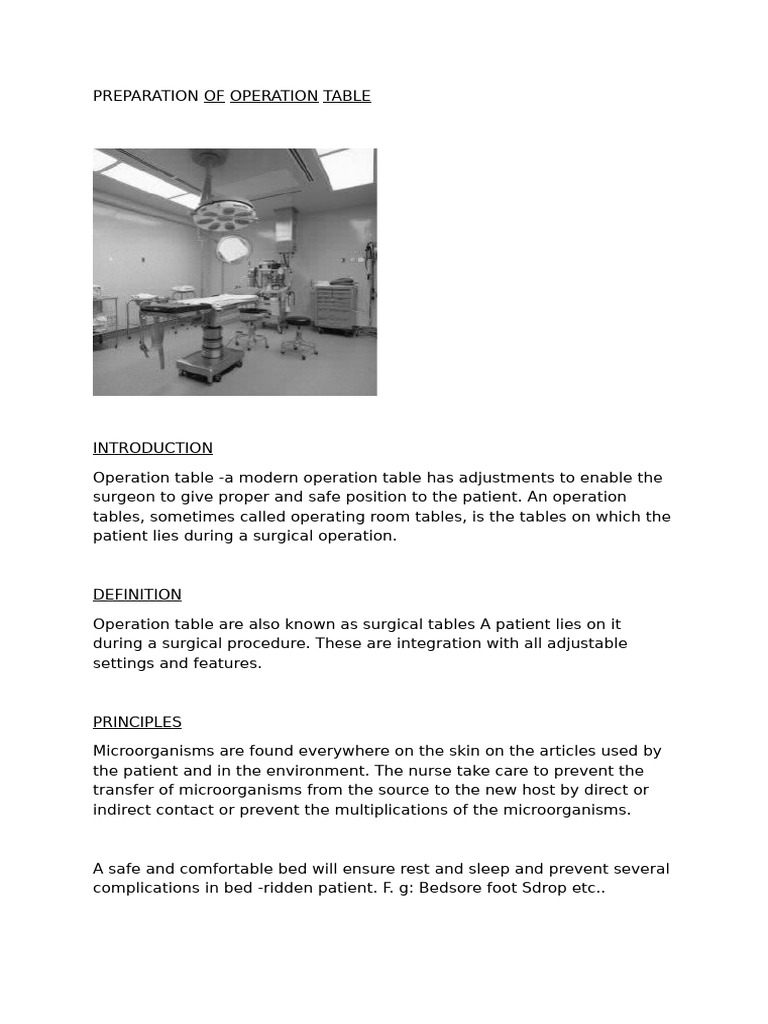 Operation Table Preparation Guide | PDF | Surgery | Medical Specialties