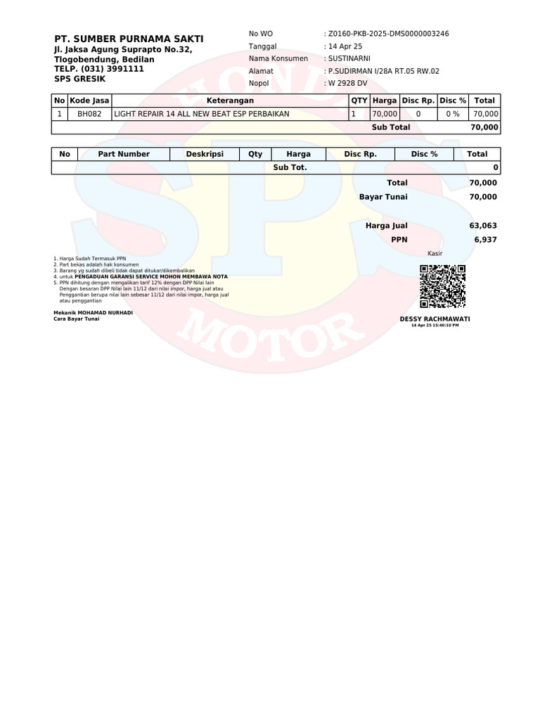 Nota Servis Motor Beat 2025 Z0160 | PDF