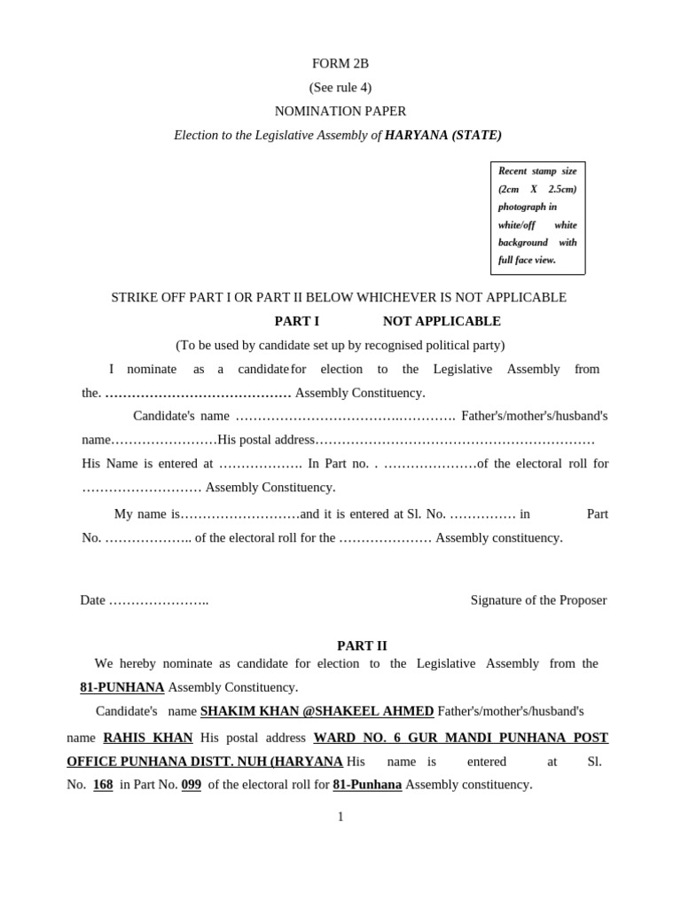 Form 2B Nomination for Haryana Election | PDF | Government | Public Law