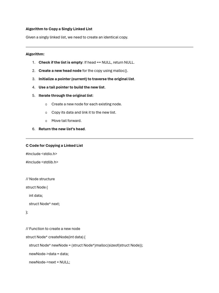Algorithm To Copy A Singly Linked List | PDF | Pointer (Computer ...