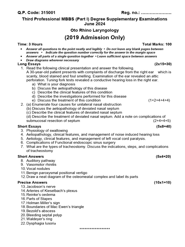 KUHS ENT Question Paper 2024 | PDF | Ear | Clinical Medicine
