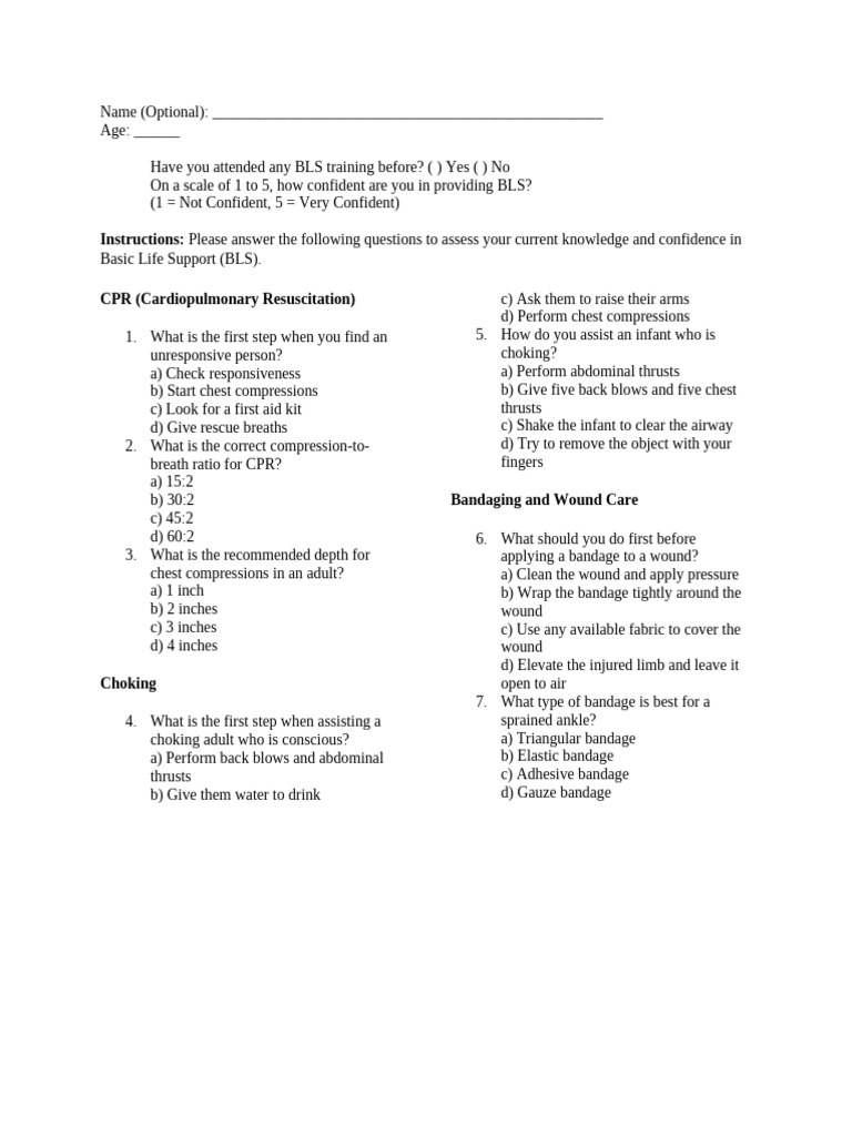 BLS Knowledge Assessment Questionnaire | PDF | Cardiopulmonary ...