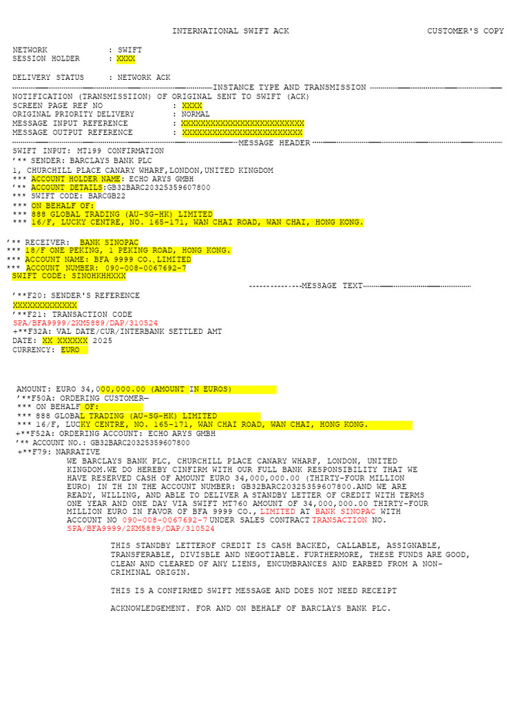 SWIFT Acknowledgment for BFA 9999 Co. | PDF | Banking