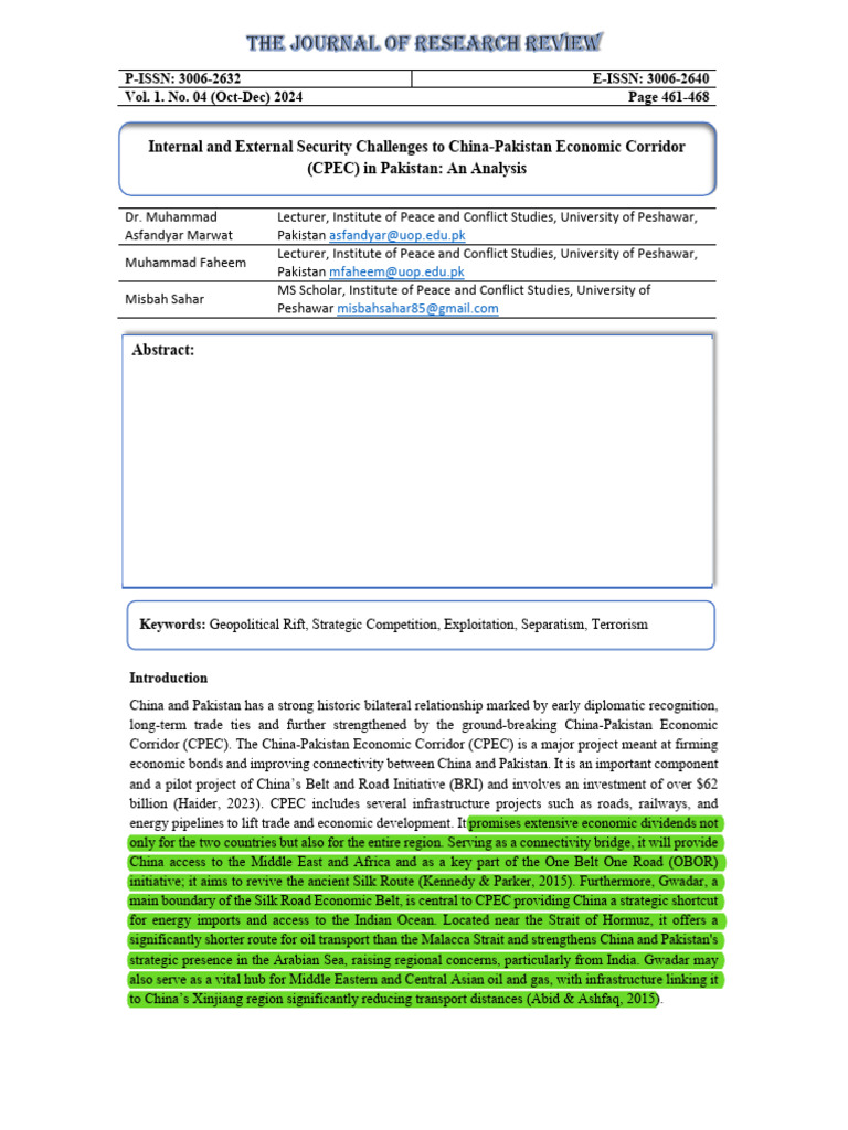 Security Challenges to CPEC in Pakistan | PDF | Pakistan | Federally ...