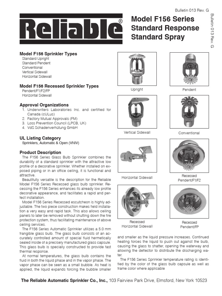 Reliable Model F156 Standard Response Sprinklers | PDF | Fire Sprinkler ...