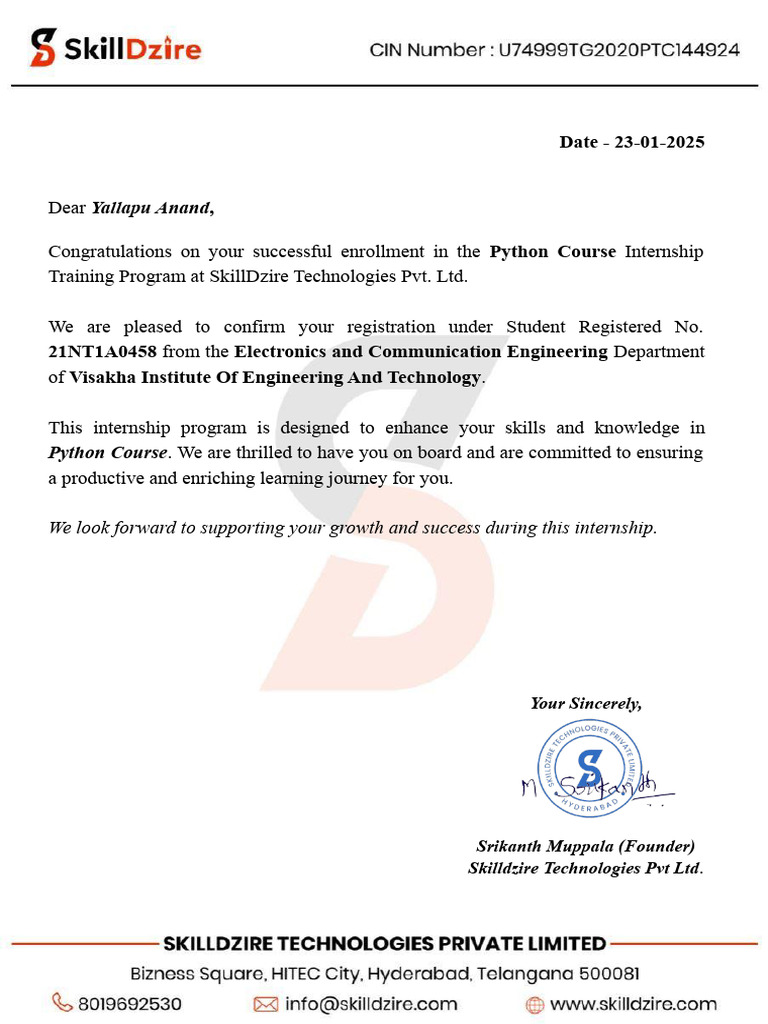 Yallapu Anand - Acceptance Letter. | PDF