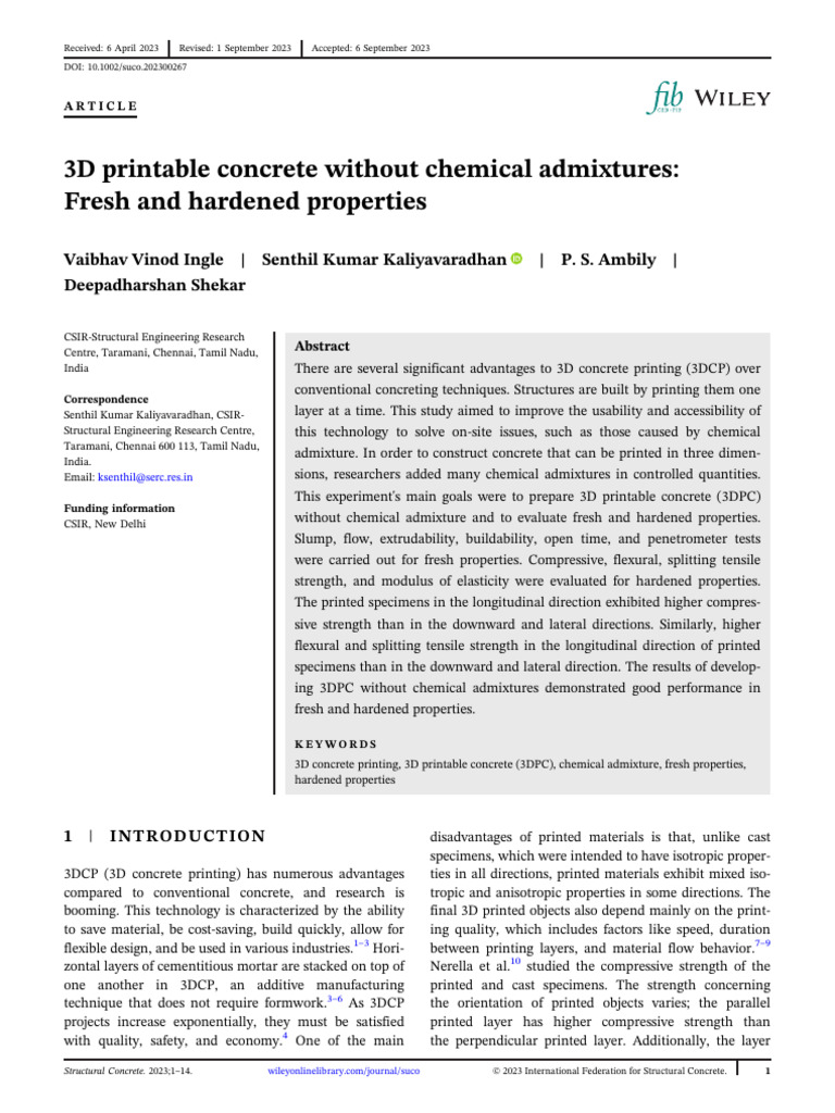3D Printable Concrete Without Chemical Admixtures - Fresh and Hardened ...