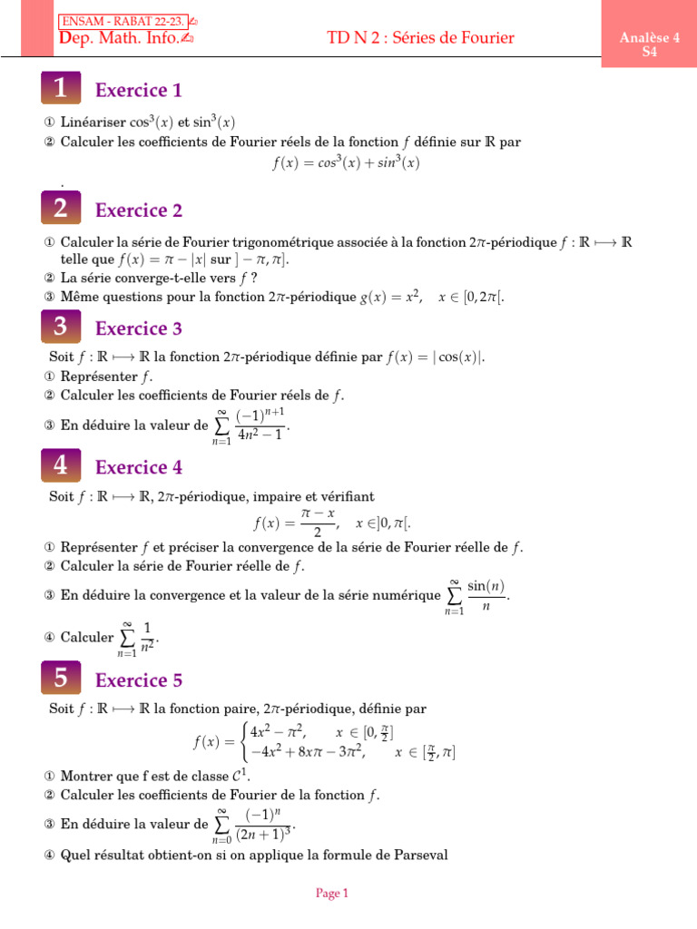 Séries de Fourier : Exercices et Solutions | PDF | Analyse mathématique ...