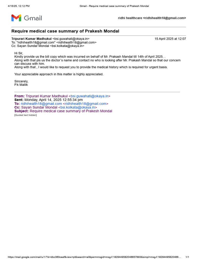 Medical Case Summary Request for Prakesh Mondal | PDF
