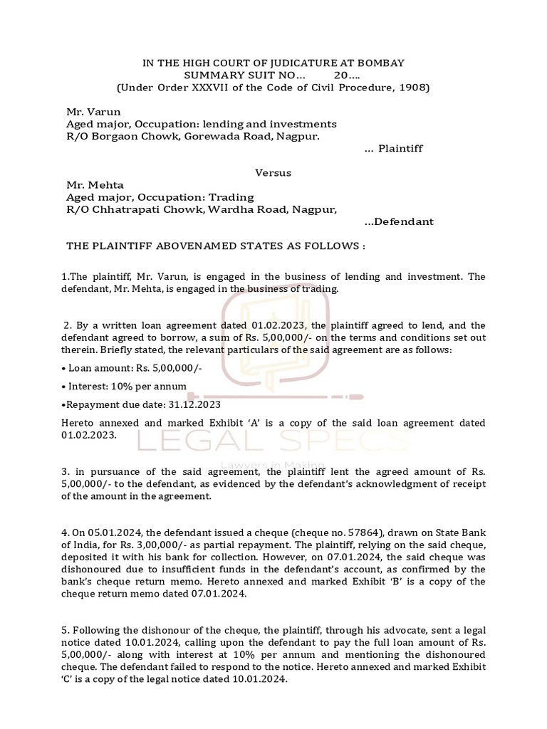 Summary Suit for Loan Recovery | PDF | Lawsuit | Cheque