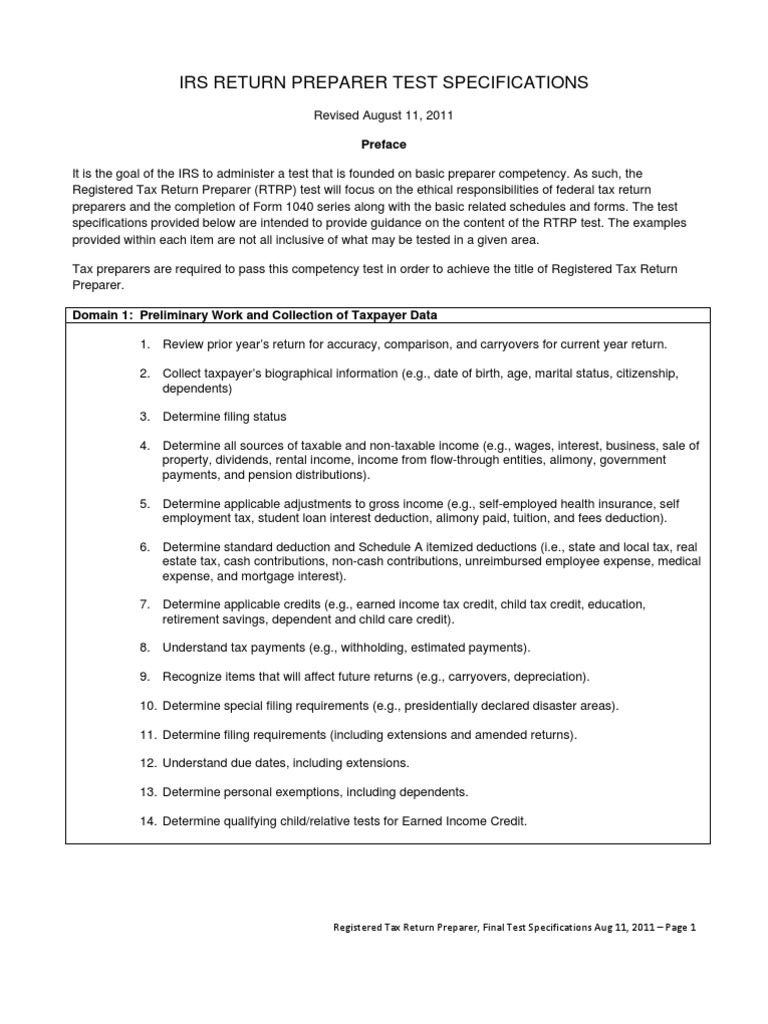 IRS Registered Tax Return Preparer Final Test Specifications A
