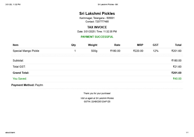 Sri Lakshmi Pickles - Bill | PDF