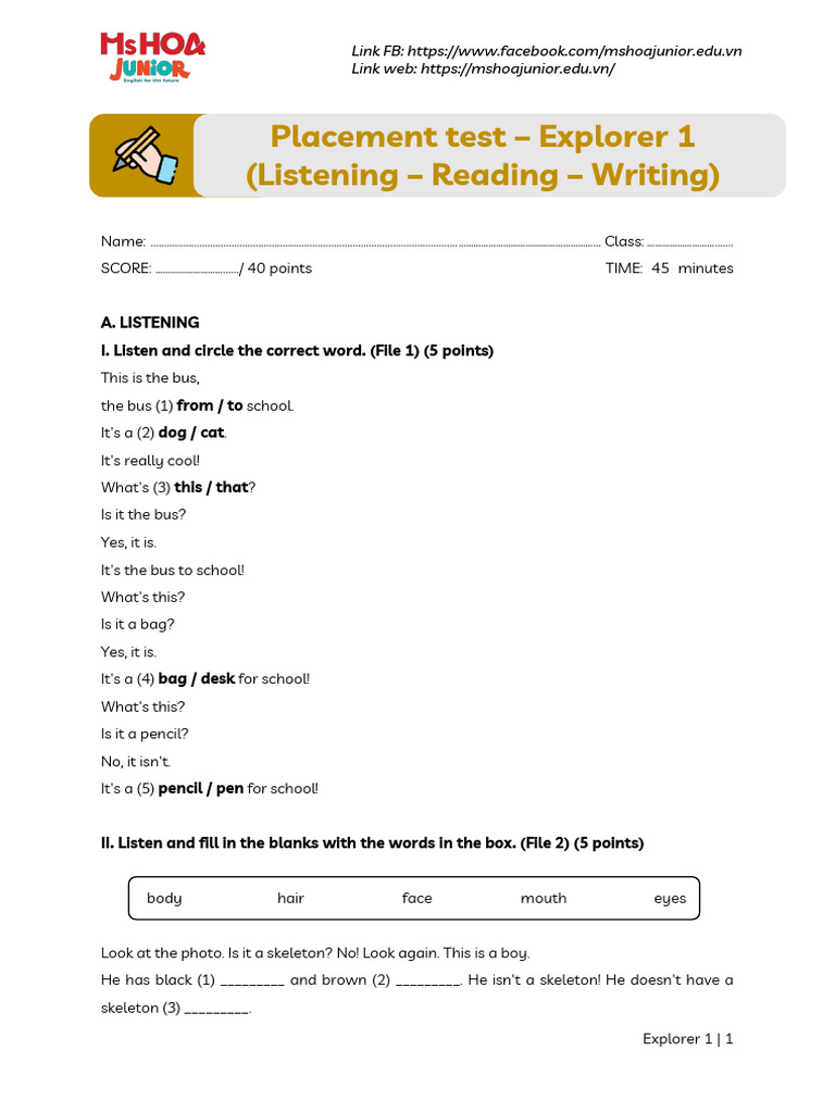 Explorer 1 - Placement Test - LRW | PDF