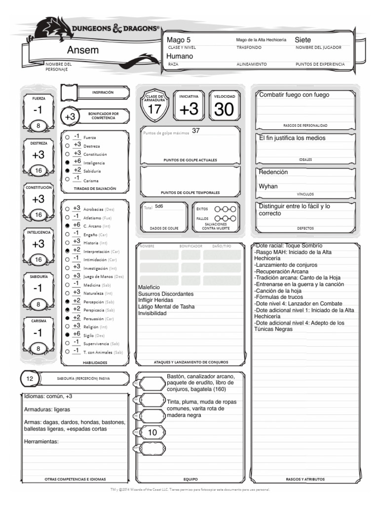 Ficha 2019 D&D 5aed Hoja Editable | PDF