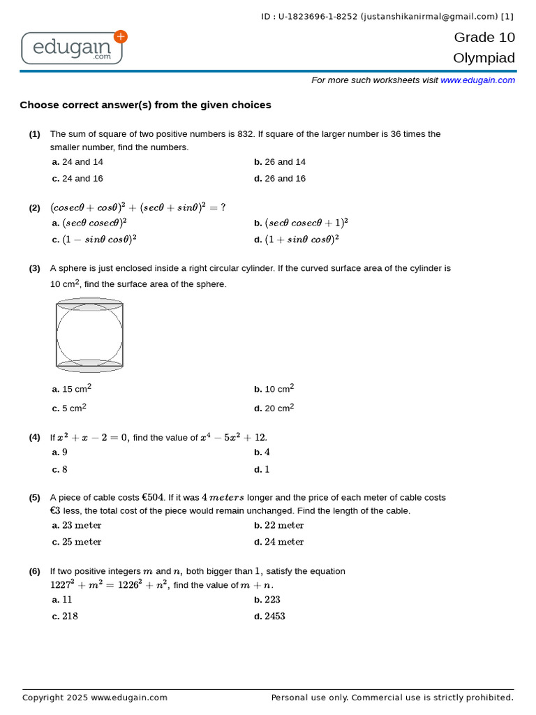 Class 10th Cbse Olympiad | PDF | Area | Abstract Algebra