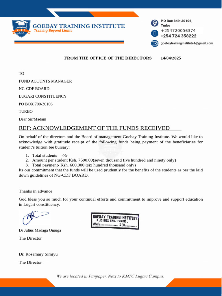 Acknowledgment of Tuition Funds Received | PDF