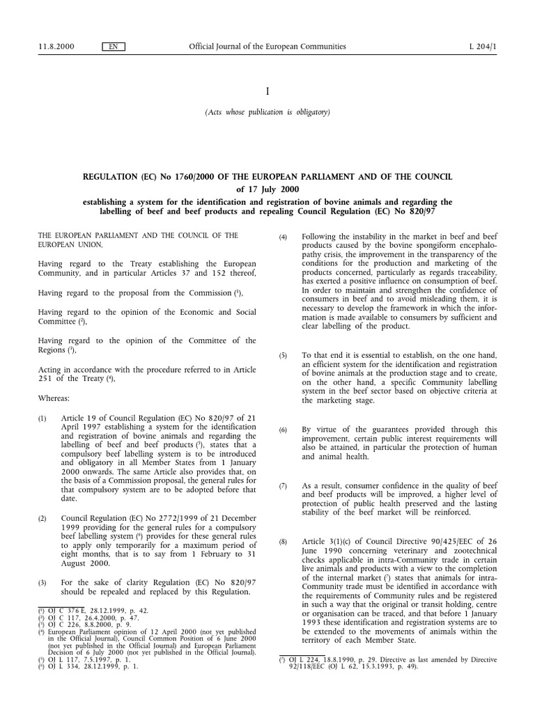 Bovine Identification and Beef Labelling Regulation | PDF | Animal ...