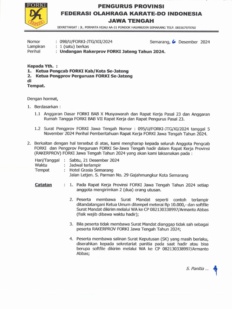 Undangan Rakerprov Forki Jateng | PDF