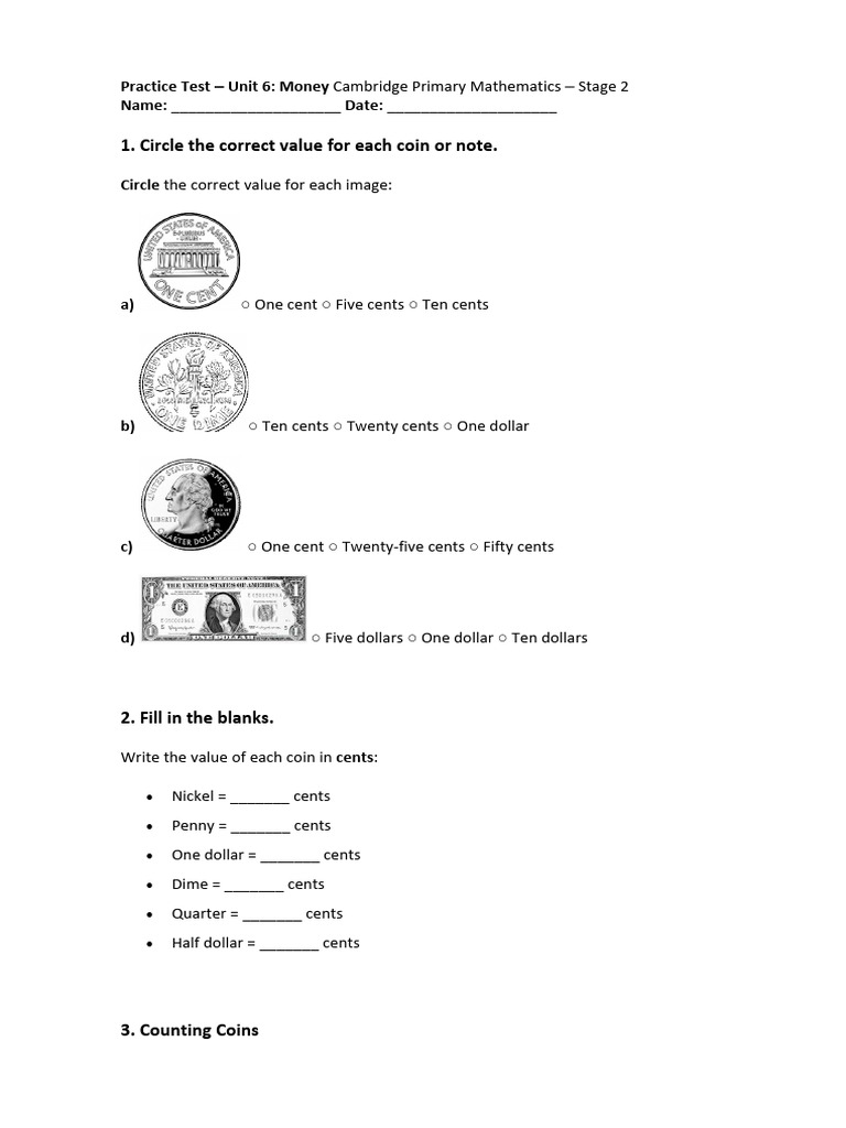 Money Practice Test For Year 5 Pdf