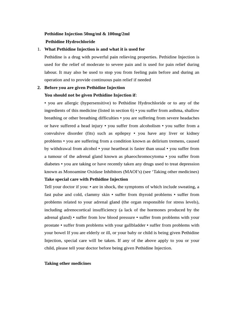 Pethidine Injection 50mg & 100 MG | PDF | Clinical Medicine | Medical ...