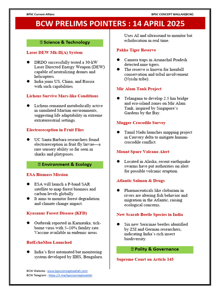 BPSC Current Affairs Highlights | PDF