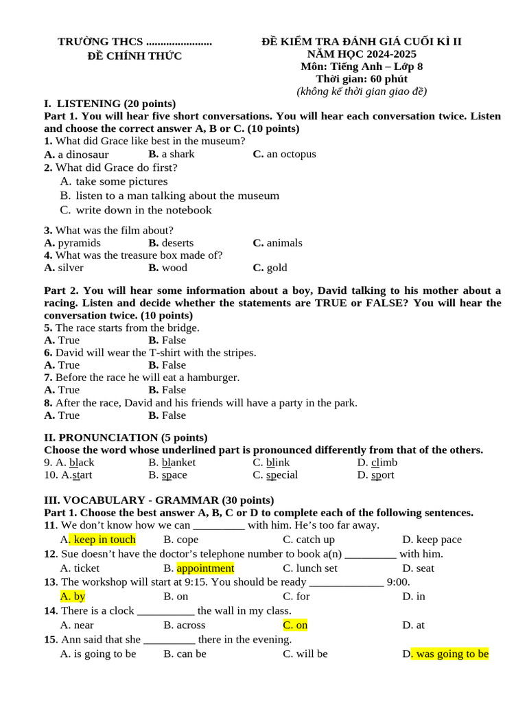 English Test for Grade 8 - Semester 2 | PDF | Mercury (Planet) | Planets