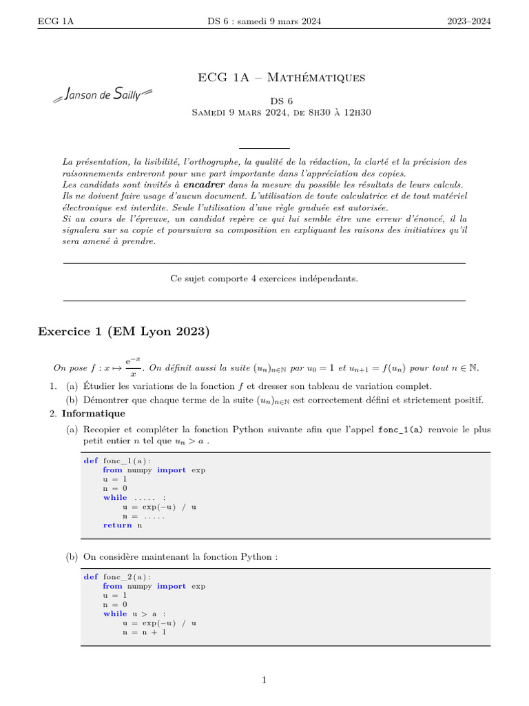 Épreuve de mathématiques ECG 1A 2024 | PDF | Objets mathématiques ...