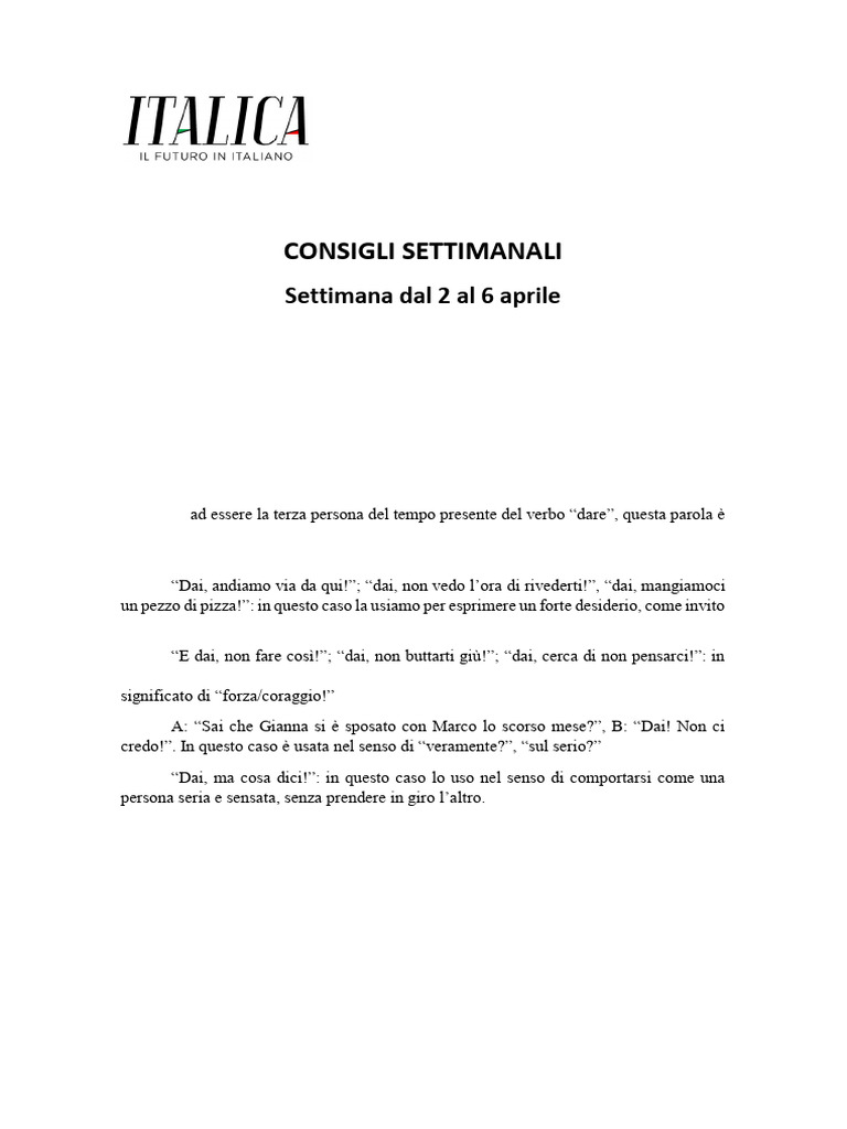 Consigli Settimanali: Settimana Dal 2 Al 6 Aprile | PDF